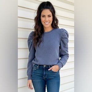 Rebecca Minkoff Janine Heather Blue Puff Sleeve Sweatshirt NWT Size Small